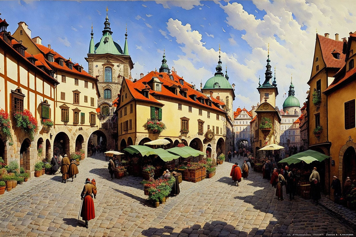 European Medieval Town Square with Classical Buildings and Flower Baskets