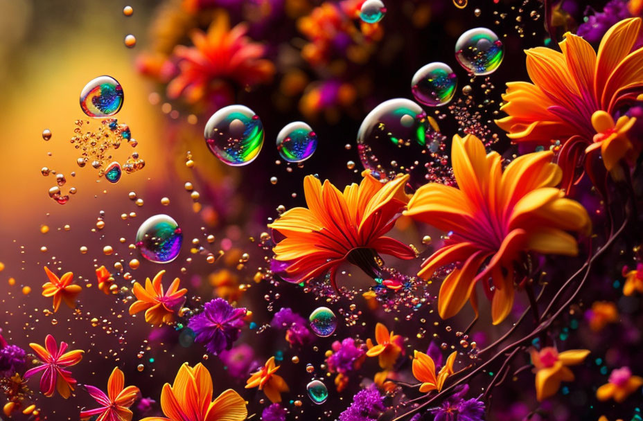 Colorful Orange and Purple Flowers with Iridescent Soap Bubbles on Warm Bokeh Background