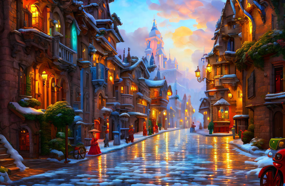 fantasy city street, fabulous houses, snowy