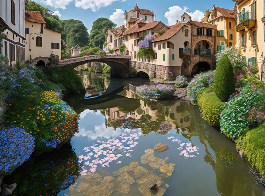 Scenic village with stone bridge, river, flowers & European architecture