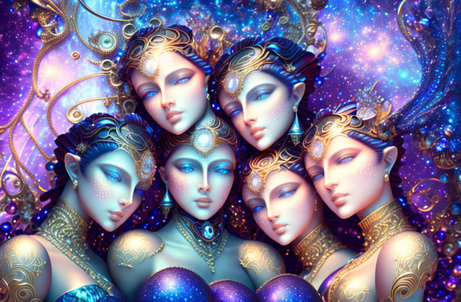 Ethereal blue-skinned female figures with golden headdresses in cosmic setting
