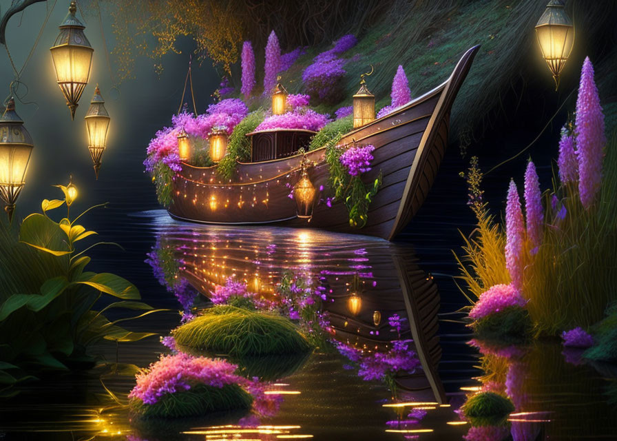 Ornate wooden boat with lanterns and purple flowers on serene river at night