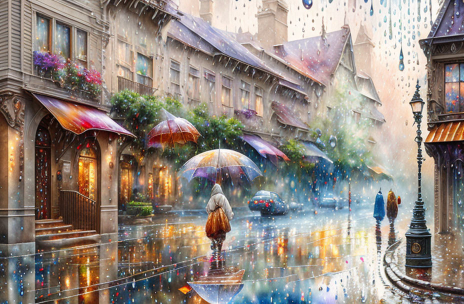 Rainy street scene with people and cars under umbrellas in vibrant colors