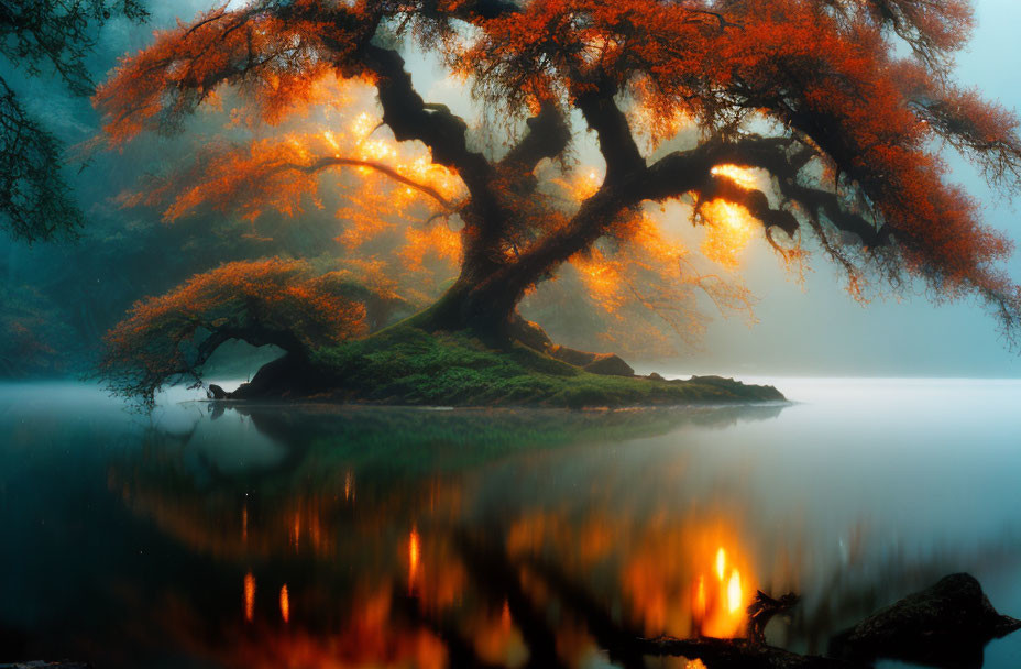 ancient tree, glittering water