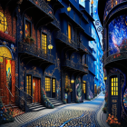 Twilight street scene with ornate buildings and starry sky accents