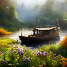 Serene river scene with old boat and lush foliage