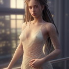 Digital artwork: Woman with braided hair, tattoos, white dress, standing indoors in sunlight.