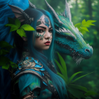 Woman with Blue Hair and Facial Tattoos Beside Blue Dragon in Lush Green Setting