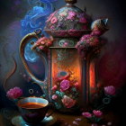Glowing teapot and cup with blossoms on starry background