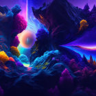 Surreal landscape with neon colors and textured spheres