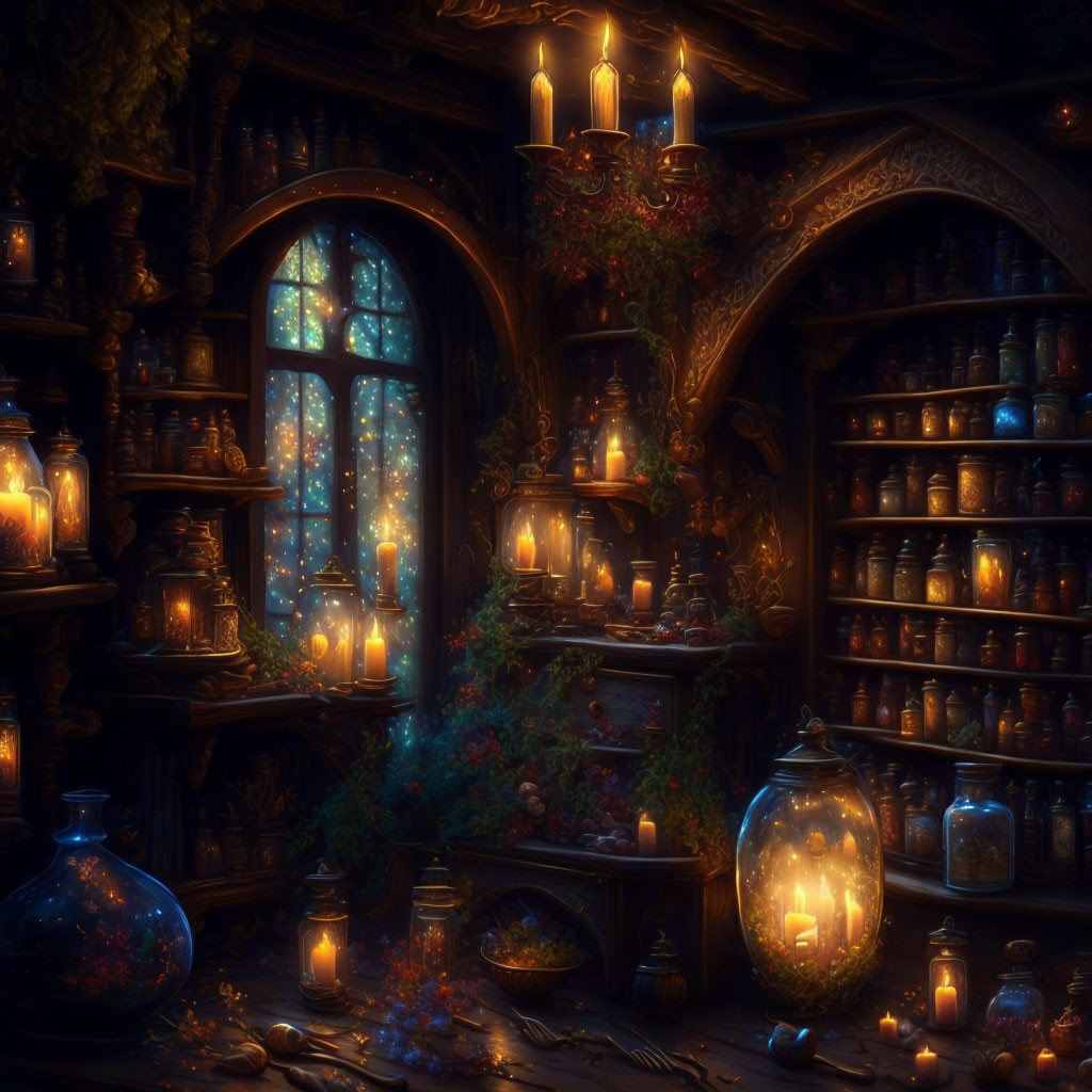 Dimly Lit Room with Candles, Arched Window, Starry Night Sky, and Overgrown