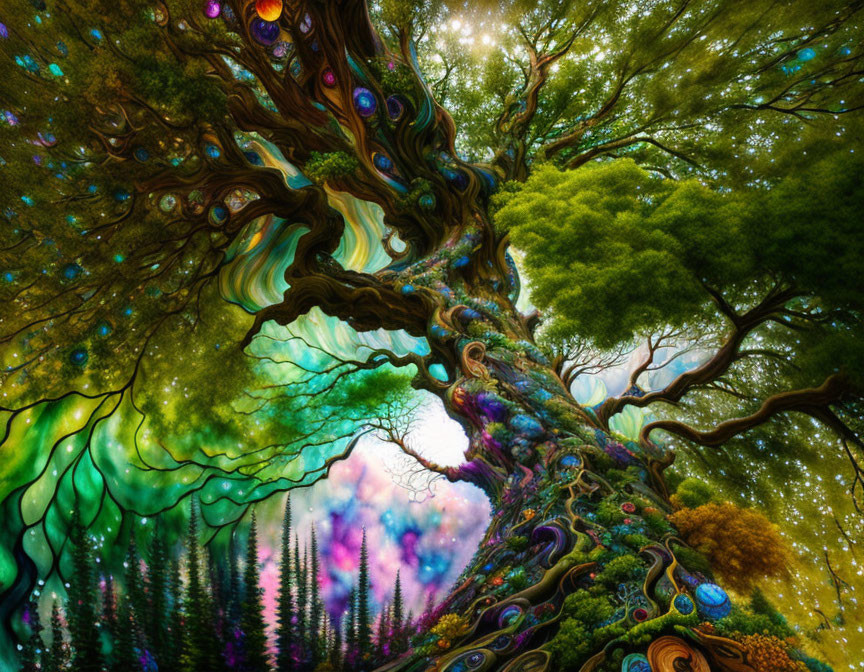Vibrant surreal forest scene with twisted tree trunk and whimsical branches