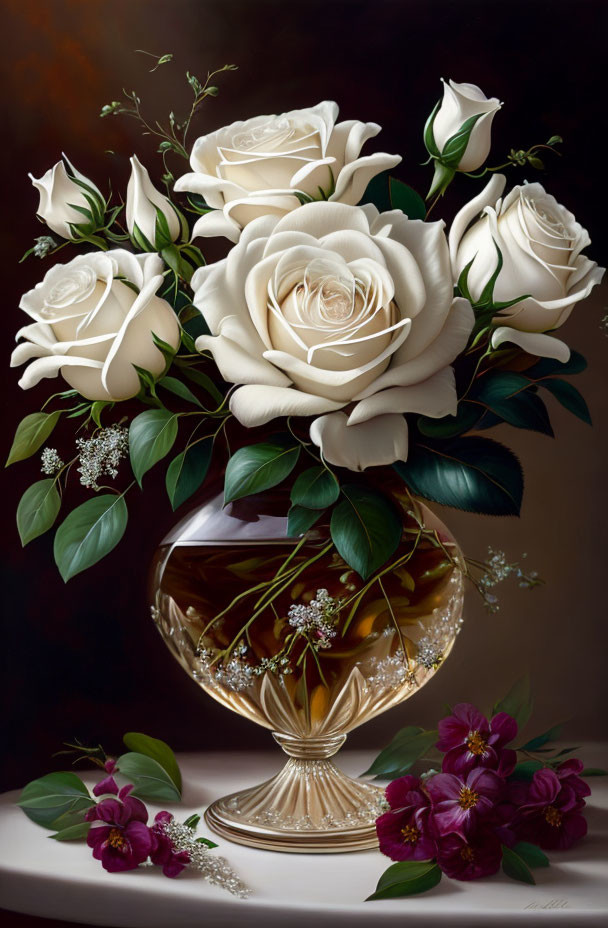 Realistic painting of cream-colored roses in glass vase with white and purple flowers