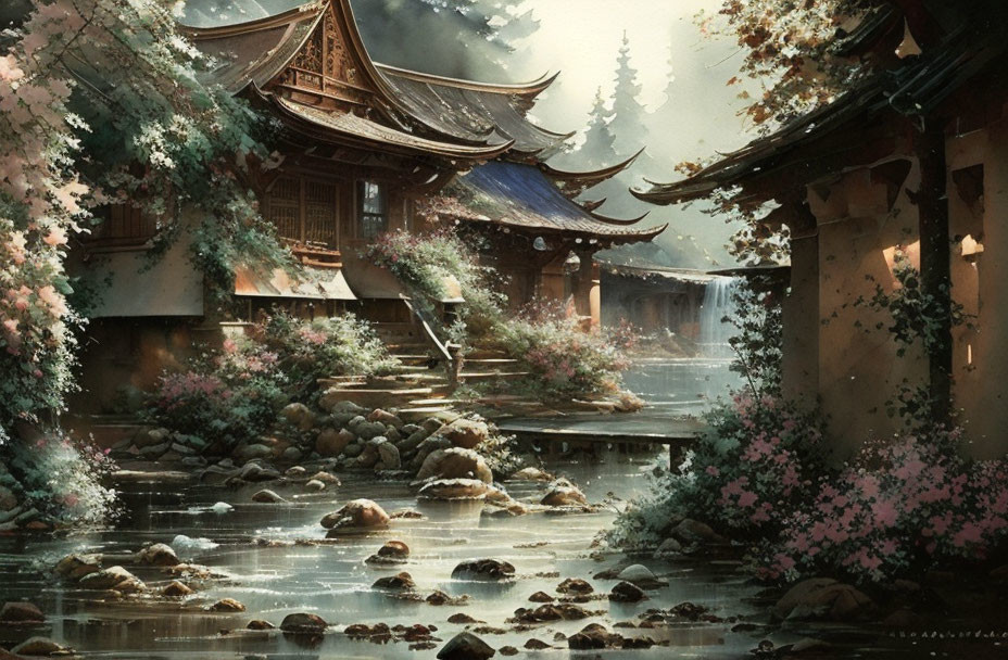 Asian-style buildings by tranquil stream in lush forest setting