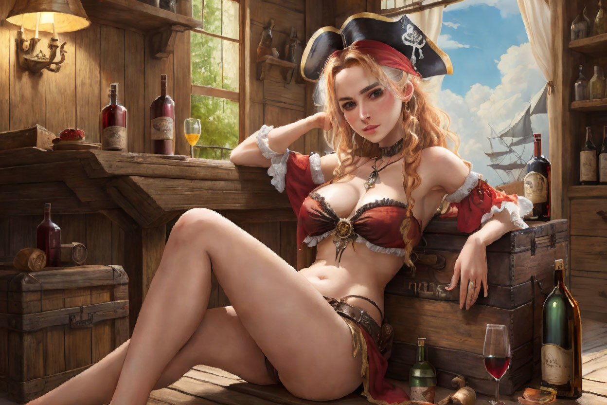 alluring pose, piratress sitting on a treasure che