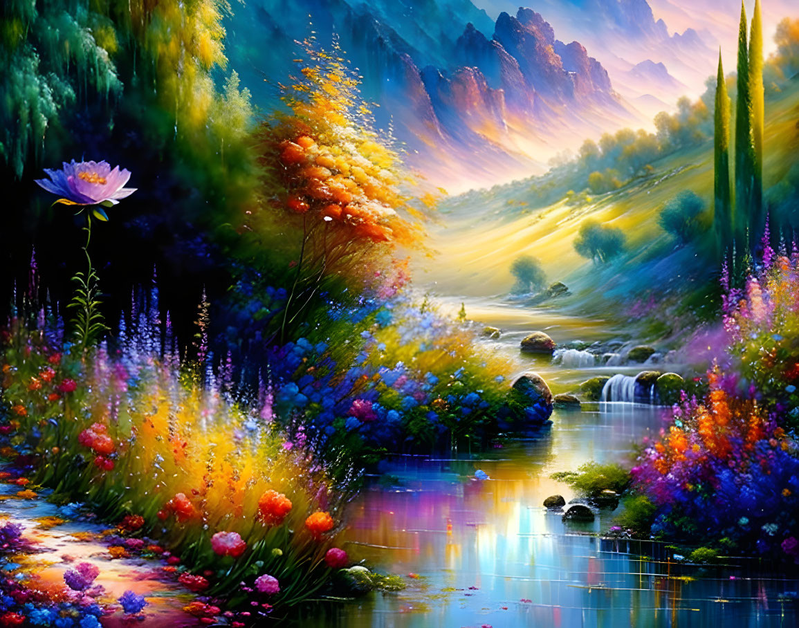 Colorful Landscape Painting: Serene River, Flower Valley, Mountain Backdrop
