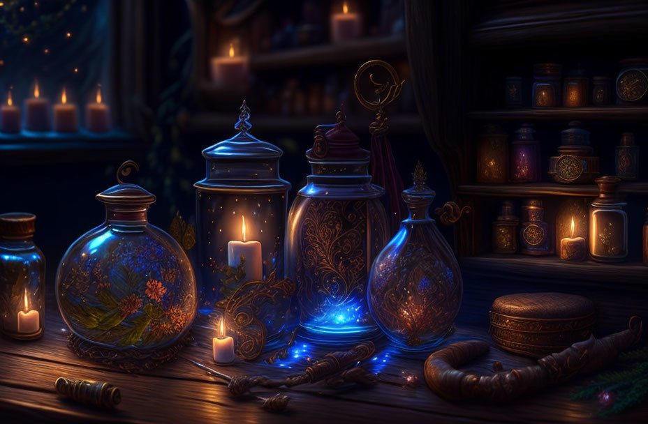 Mystical still-life scene with glowing potions and magical objects on wooden shelf