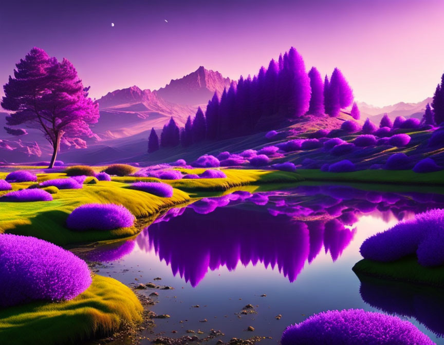 Vivid landscape with purple trees, green grass, reflective lake, mountains, twilight sky