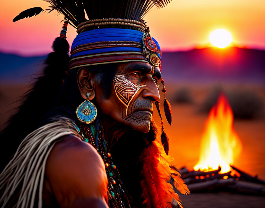 Person in Native American headdress at sunset with fire in background