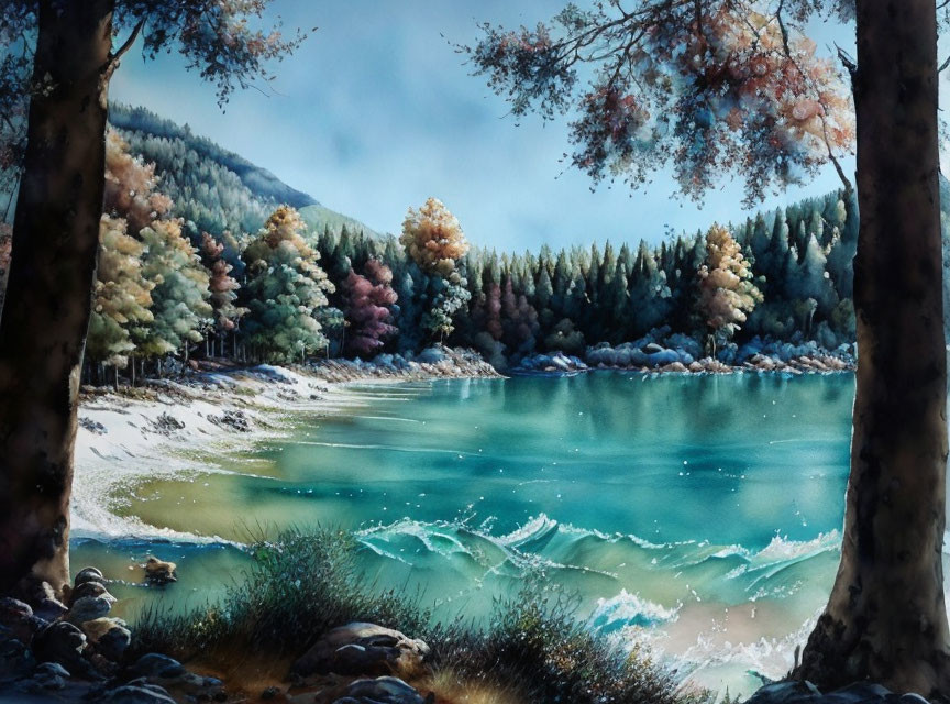 Tranquil landscape painting: serene lake, autumn trees, snow-covered ground
