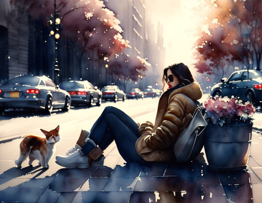 Woman in sunglasses with dog and flowers on city sidewalk, cherry blossoms and cars in background