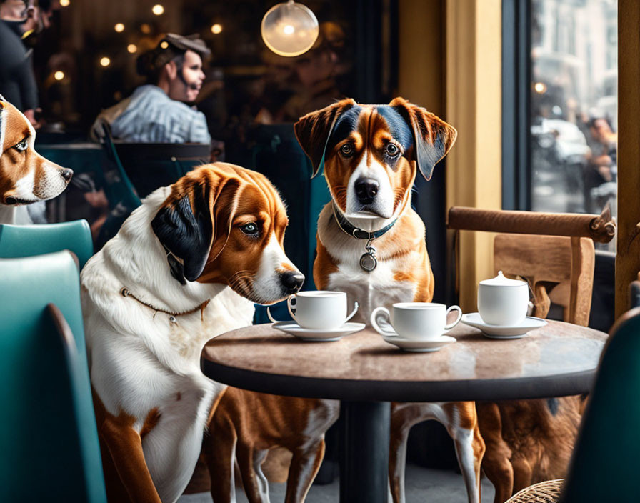 Two dogs having a coffee shop conversation with cozy interior ambiance.