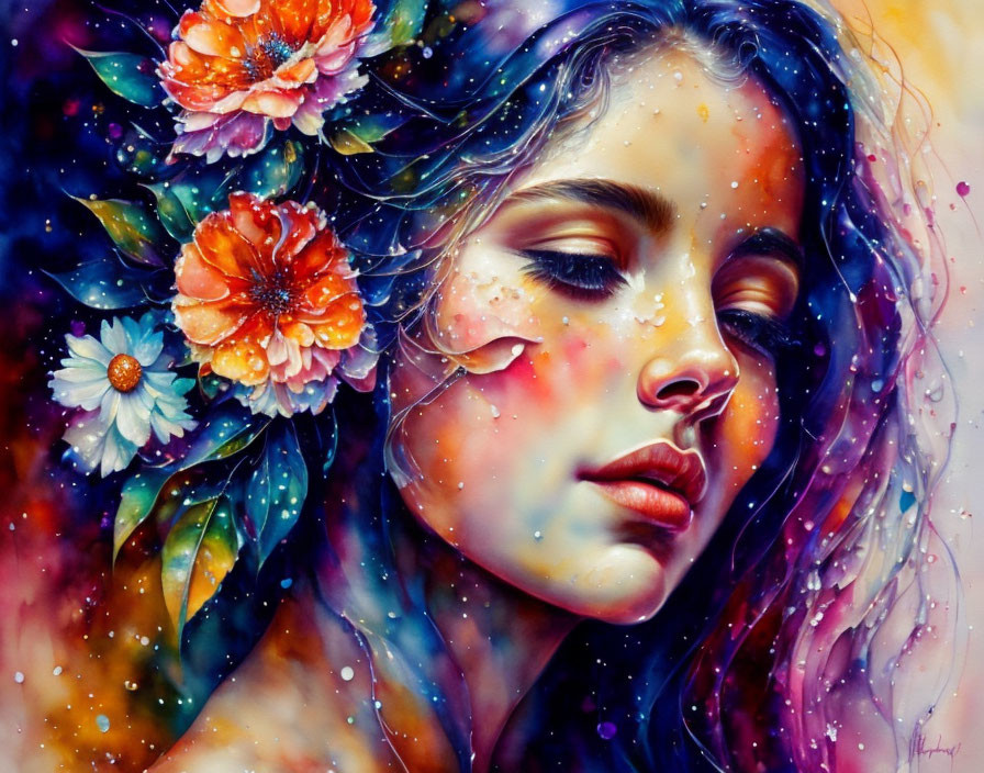 Colorful floral woman's face artwork with cosmic aura in purple and blue
