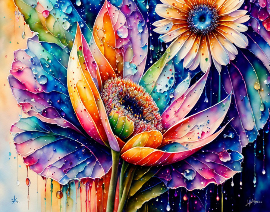Colorful Watercolor Painting of Stylized Flowers with Water Droplet Effects