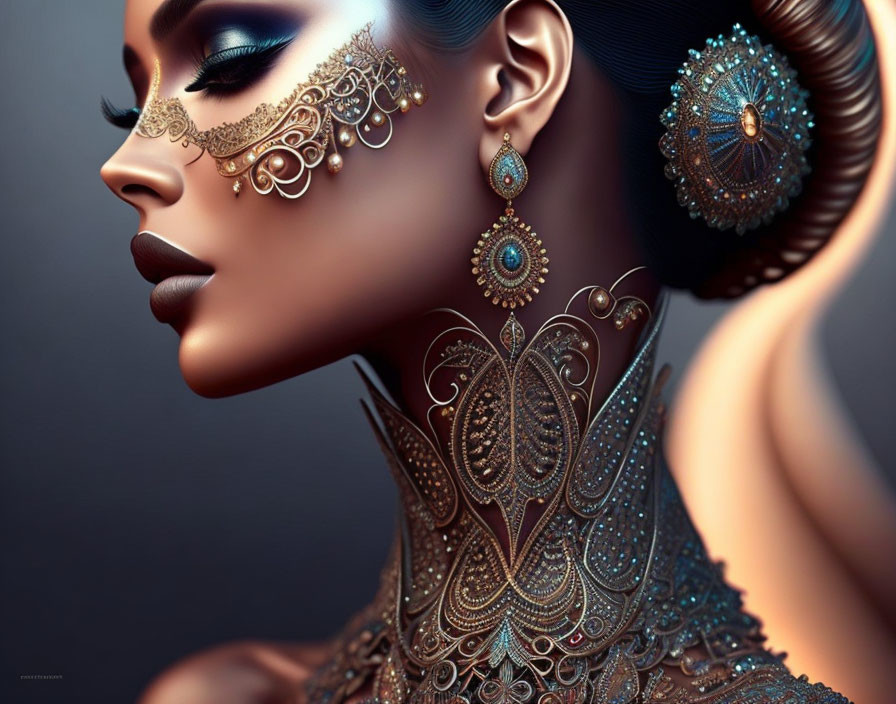 Woman with ornate gold jewelry and teal gemstones on muted background