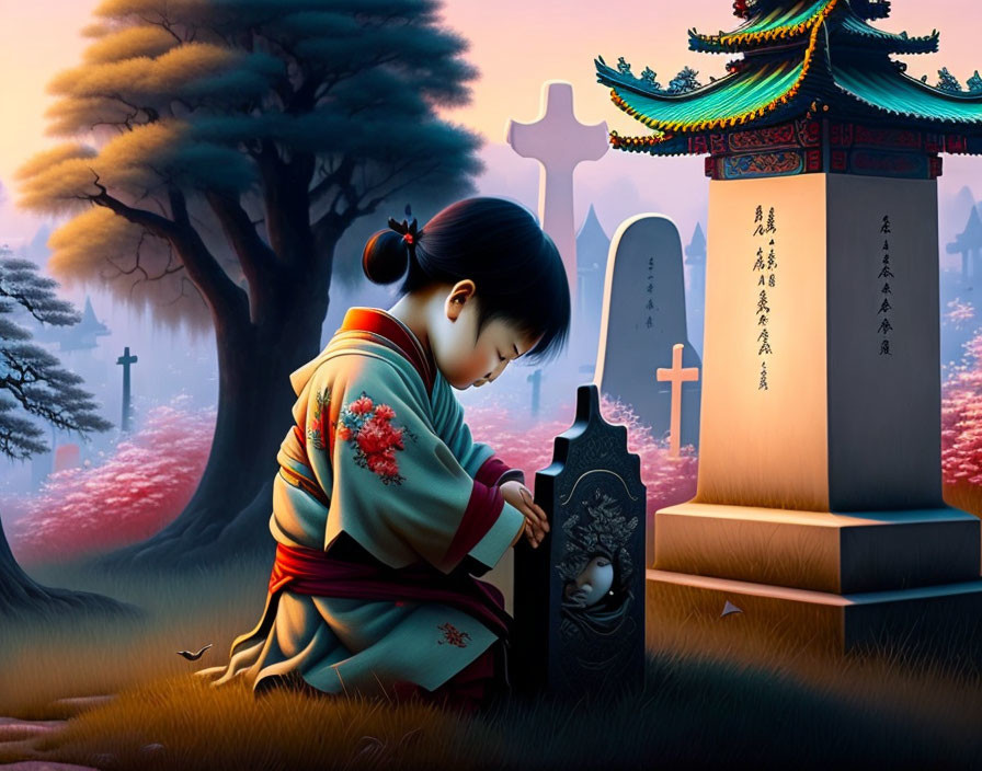 Young girl in traditional attire at grave with cross and Asian-style monument in serene sunset landscape