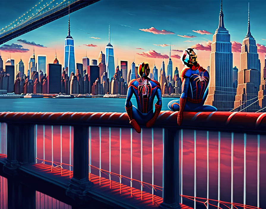 Two people in Spider-Man costumes on railing with city skyline.
