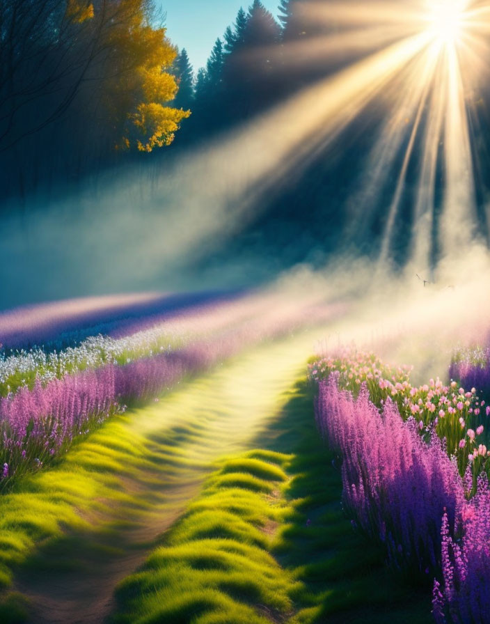 Sun rays illuminate path with purple flowers and misty morning light