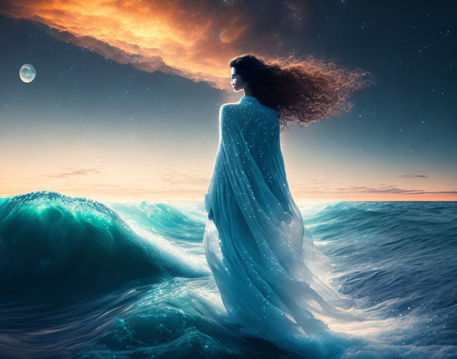 Woman in Blue Gown Stands in Ocean Waves at Twilight