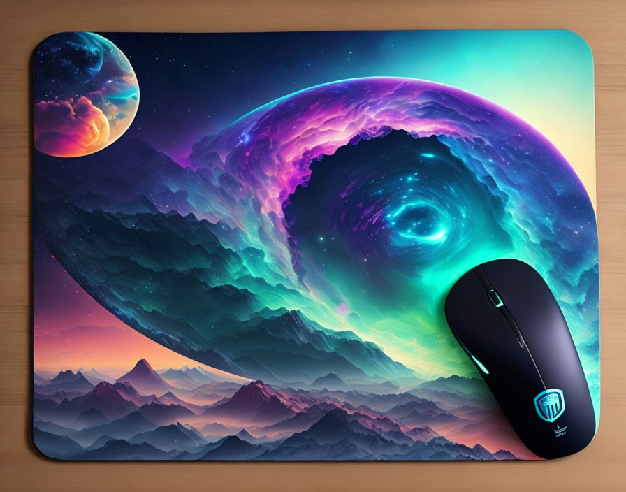 Cosmic design mouse pad with swirling galaxy, mountains, and distant planet