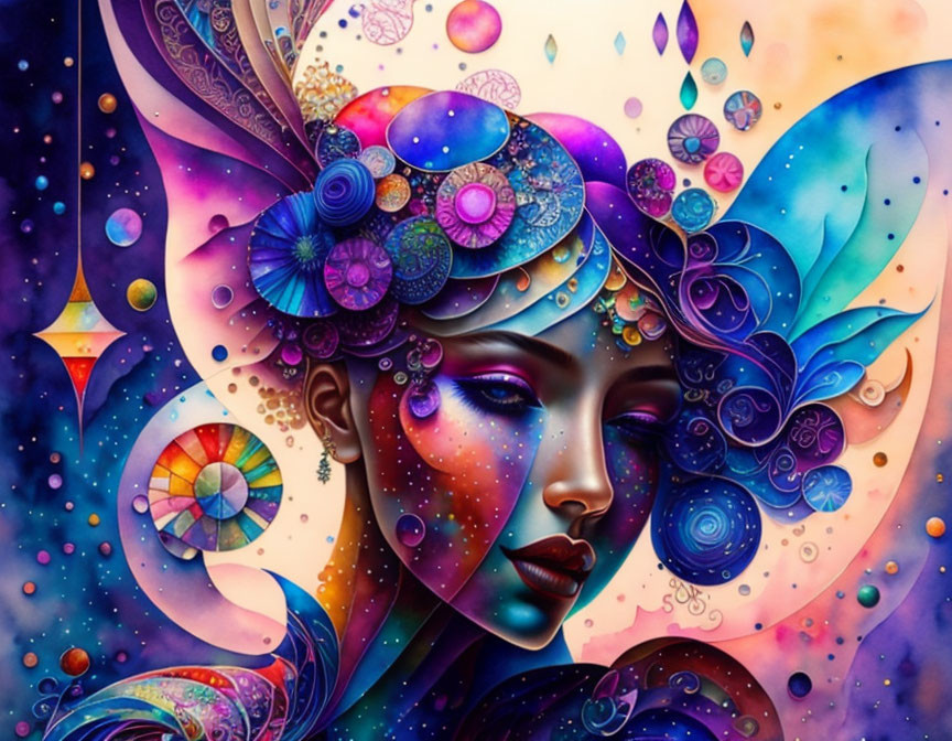 Colorful Psychedelic Illustration of Woman with Butterfly Wings and Celestial Motifs