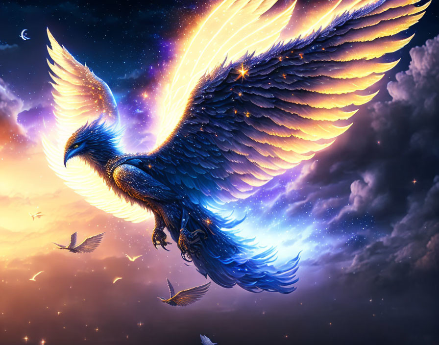 Blue Phoenix Soaring in Starry Twilight Sky with Smaller Birds