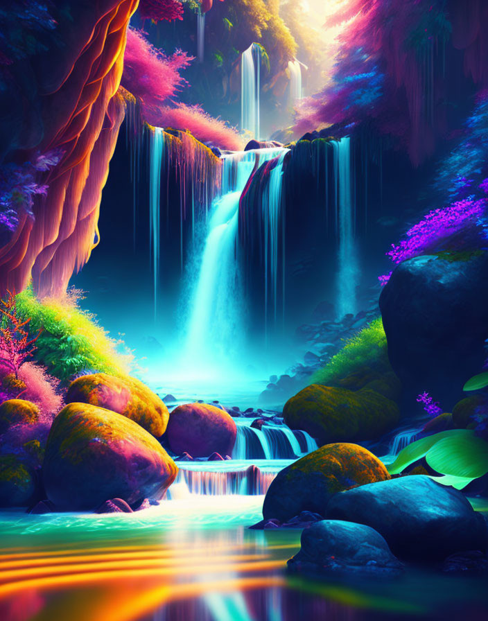 Colorful Fantasy Waterfall Scene with Lush Vegetation and Serene Water