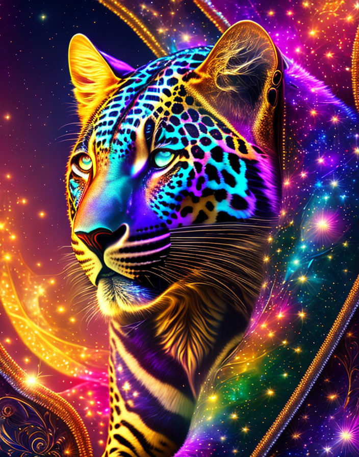 Colorful Leopard Face Artwork with Cosmic Galaxy Background