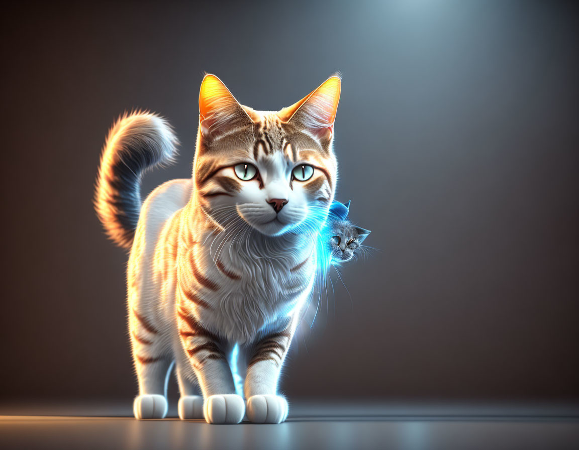 Realistic tabby cat with smaller luminescent cat on shoulder, dark background