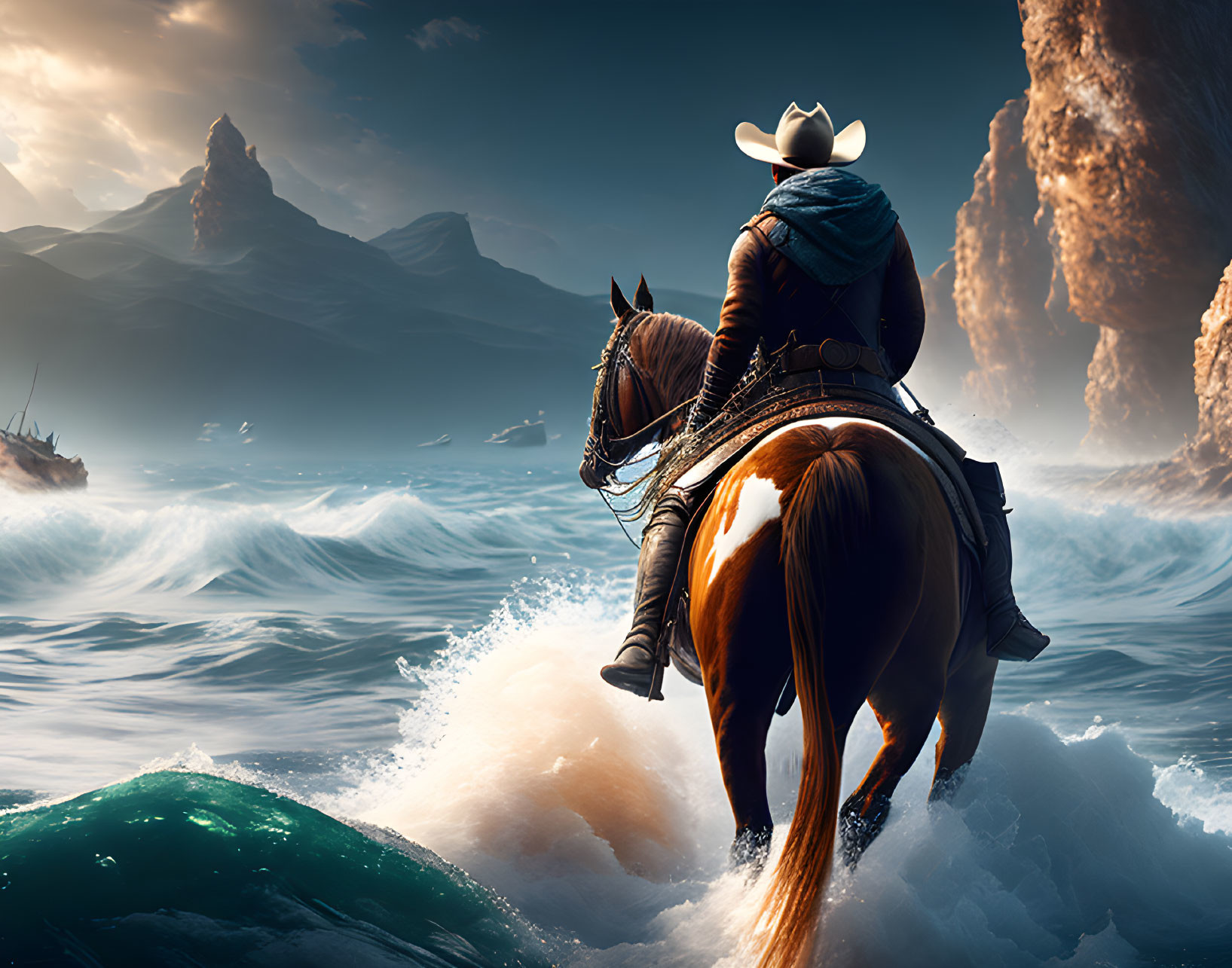 Cowboy on horseback amidst ocean waves, rocky cliffs, shipwreck, and stormy sky