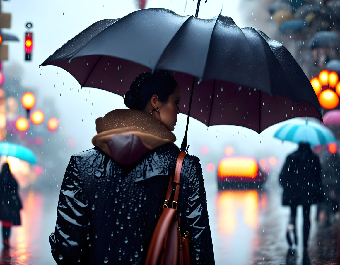 Person with black umbrella on rainy street with glowing traffic lights.