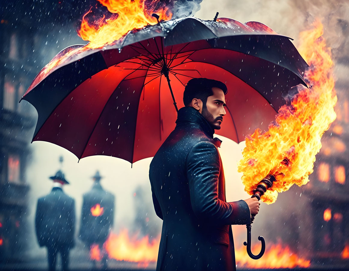 Man holding flaming umbrella in cinematic city scene