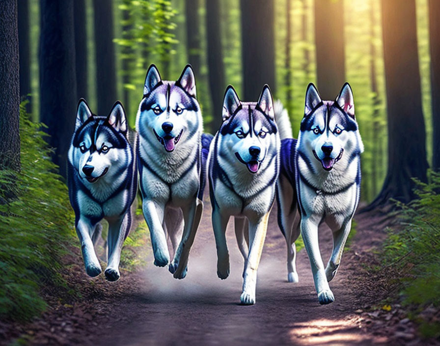 Four Siberian Huskies Running in Forest with Sun Rays