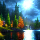 Tranquil landscape with waterfall, river, and autumnal evergreen trees