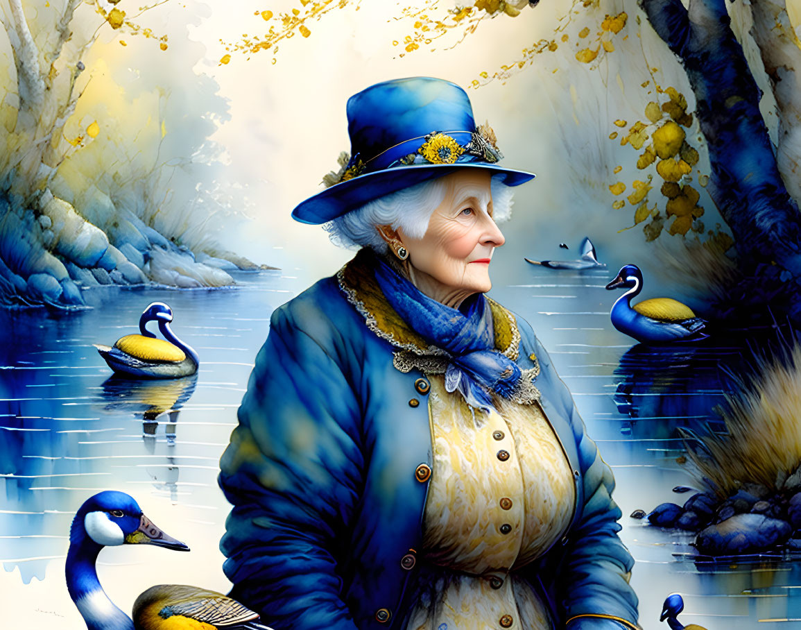 Elderly lady in blue and yellow attire by serene waters with swans