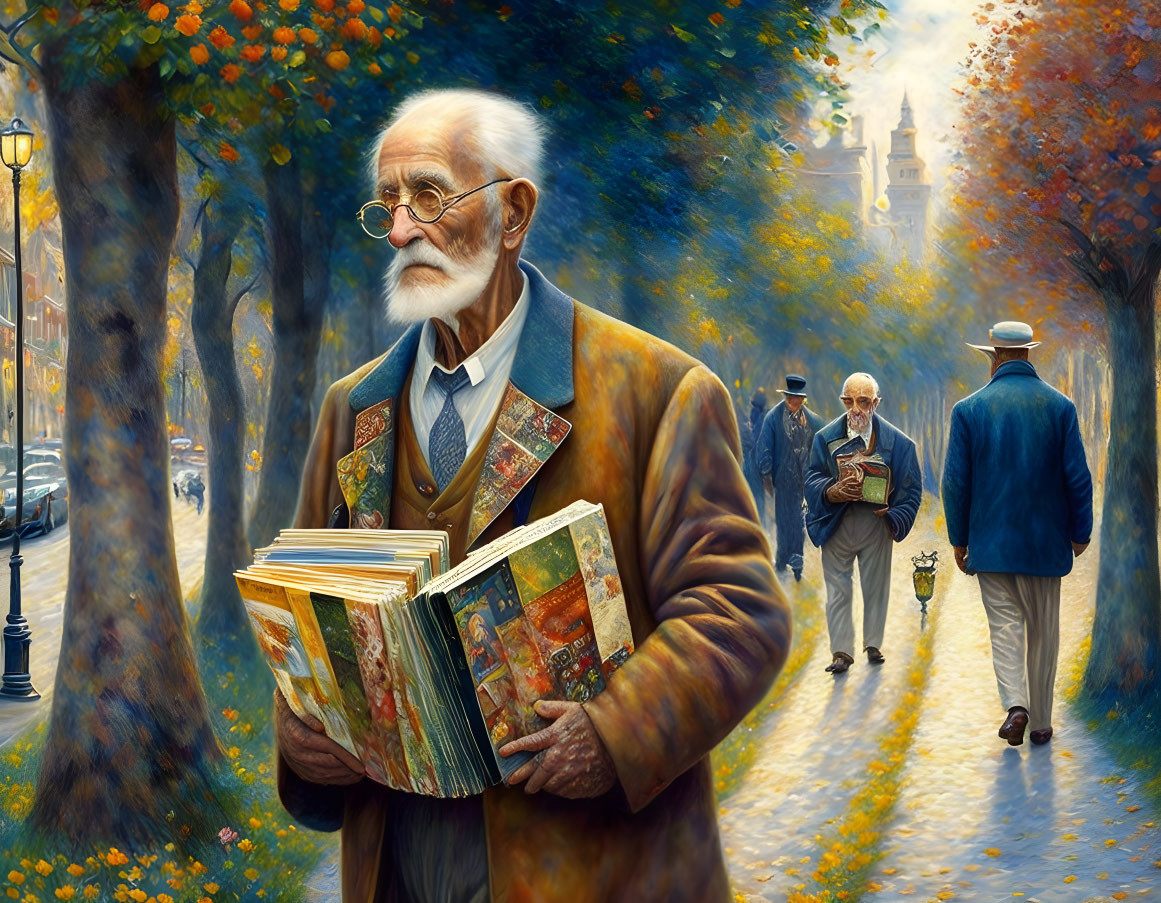 Elderly man with white beard and glasses holding colorful books on tree-lined street