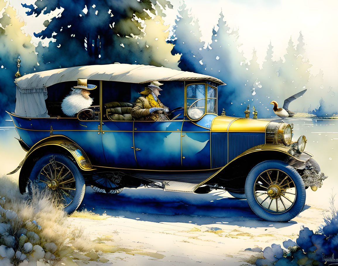 Vintage Blue Car with Golden Accents in Snowy Forest with Seagull