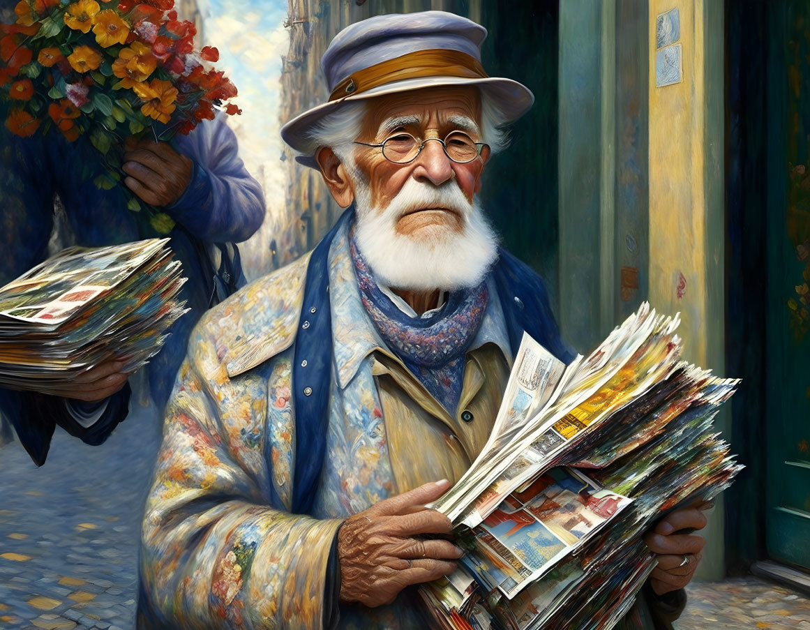 An old man holds magazines in his hand