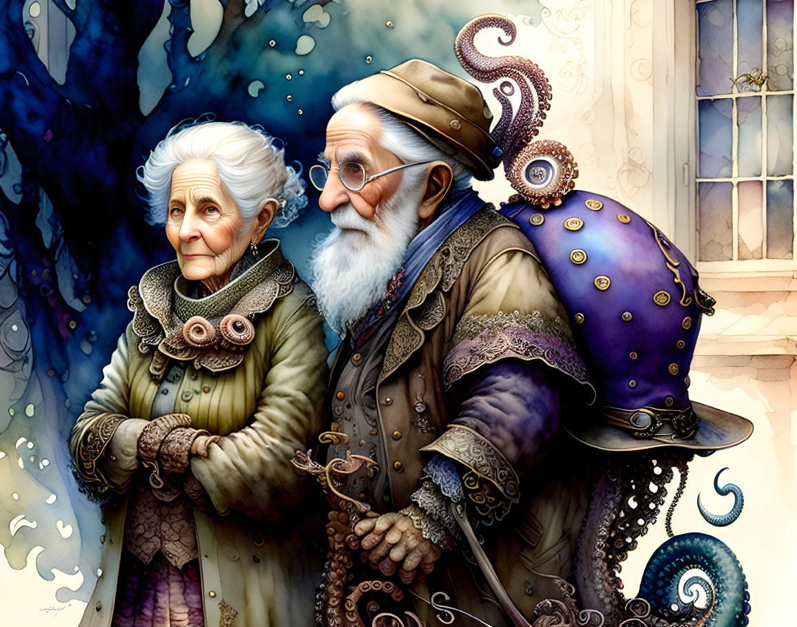 Old man, old woman, driving, a octopus, with handl