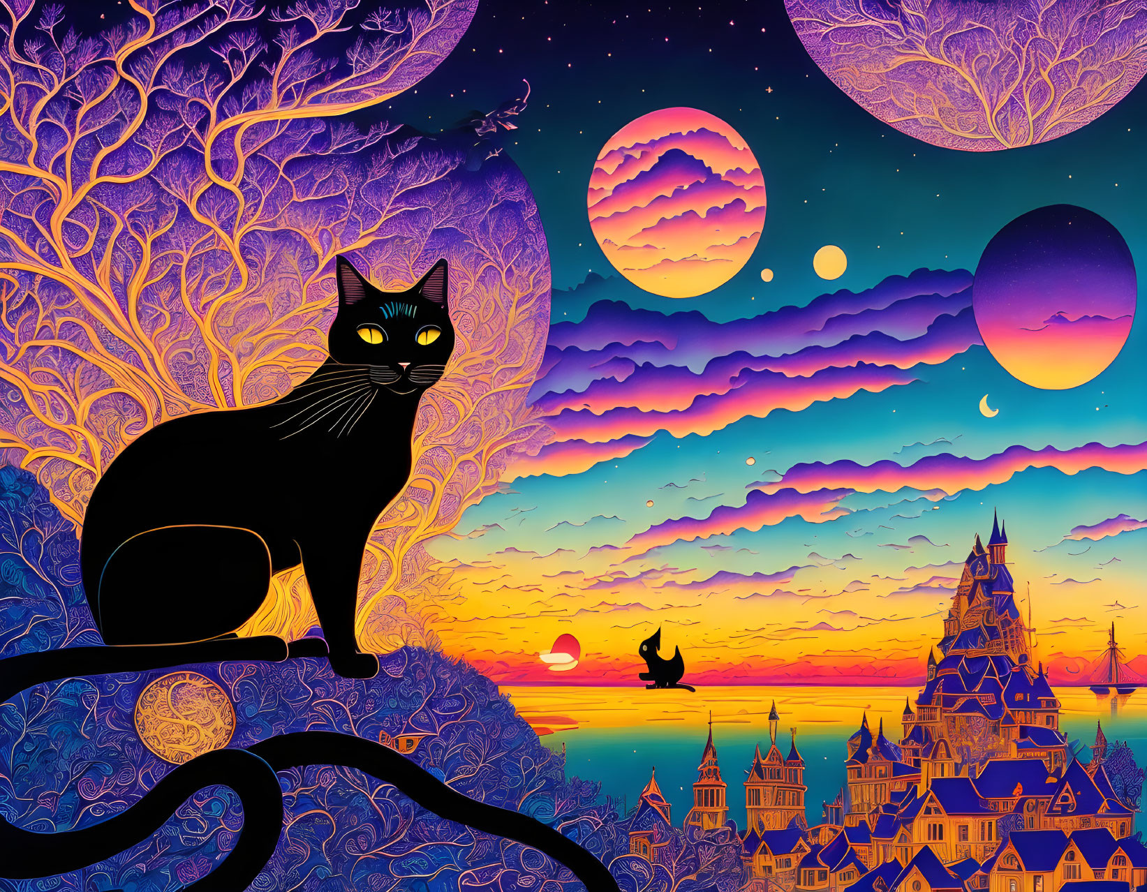 Fantasy black cat against a stunning sunset. Intri
